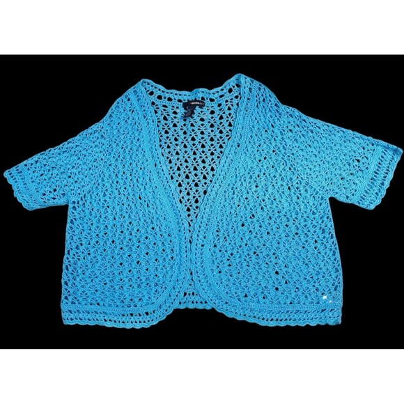 Denim 24/7 Woman Plus 2X Blue Crochet Open Front Cardigan Ramie Sweater - Picture 1 of 10